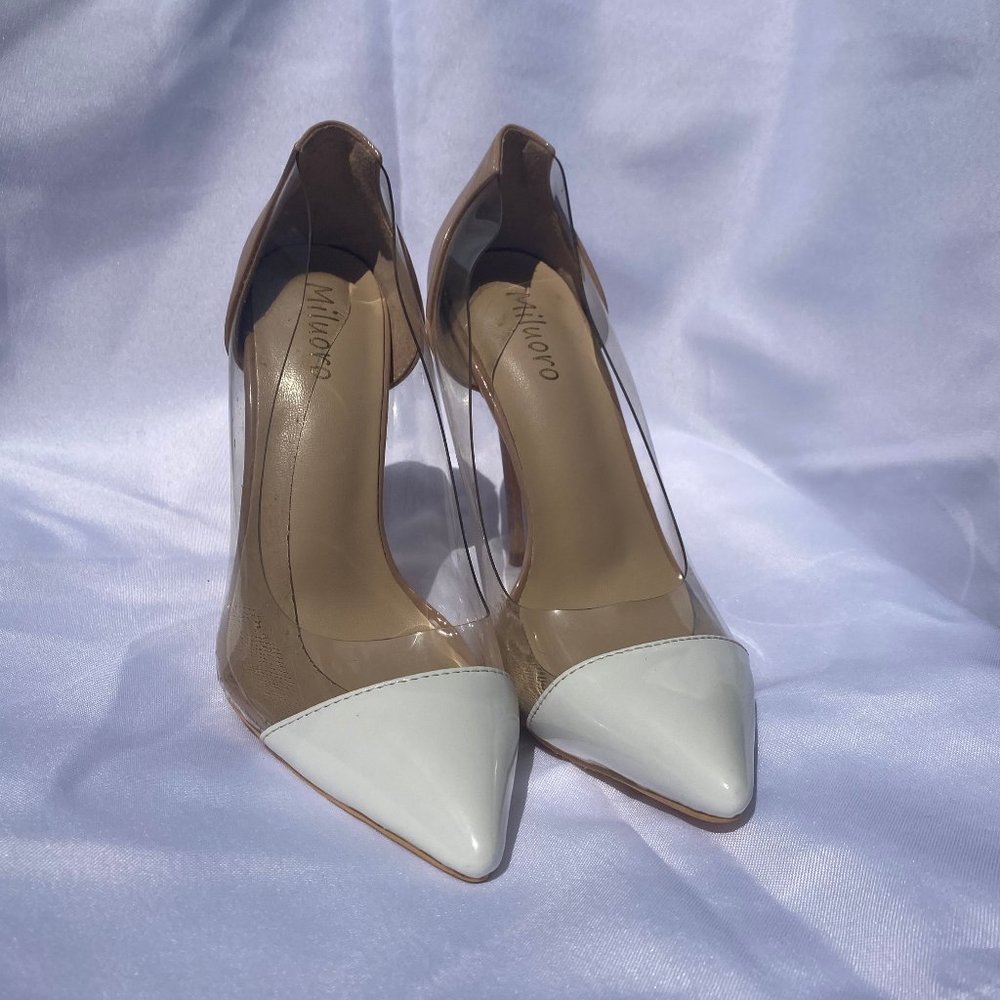 Miluoro Transparent White and Nude Pointed Toe Heels/Pumps